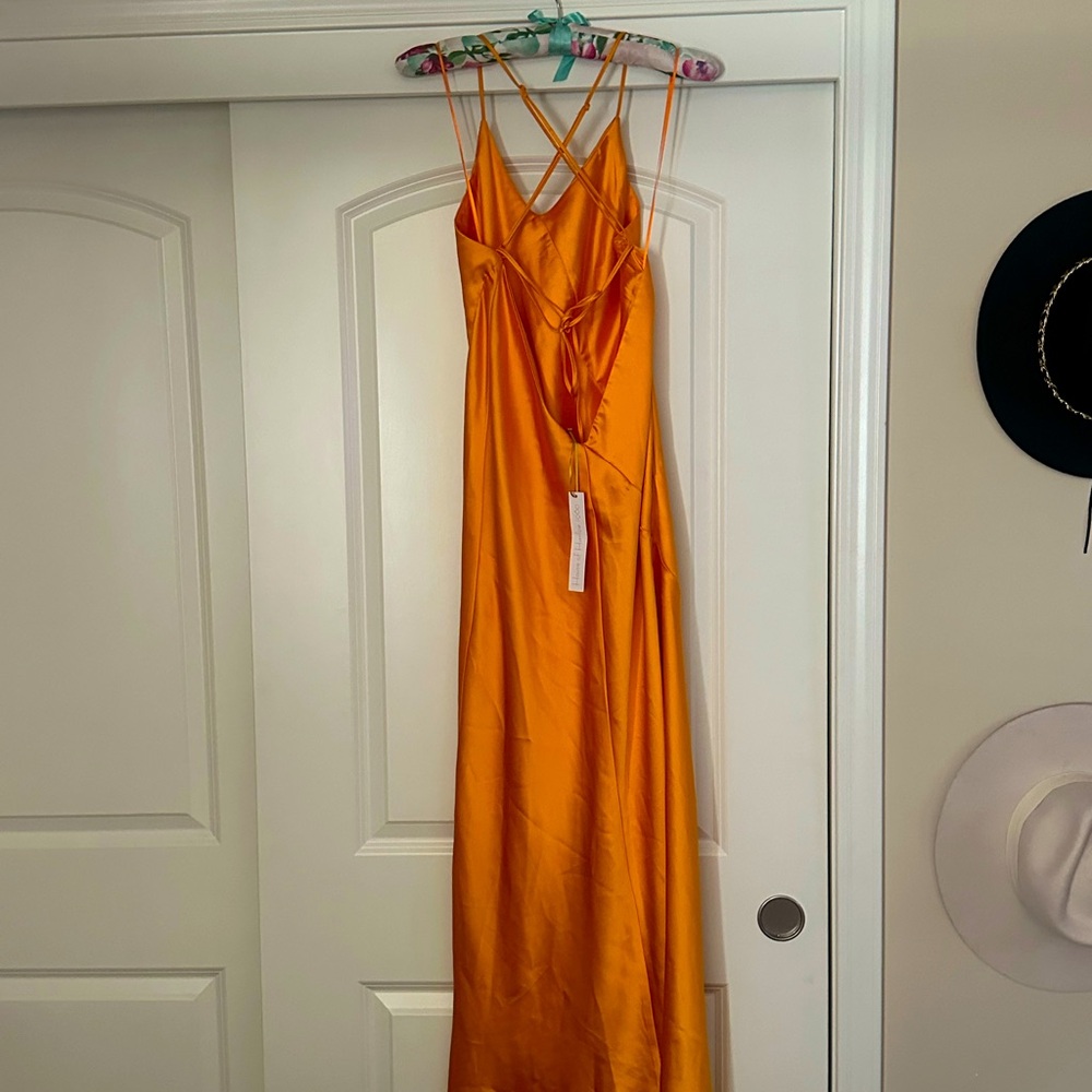 Satin spaghetti strap dress with slit